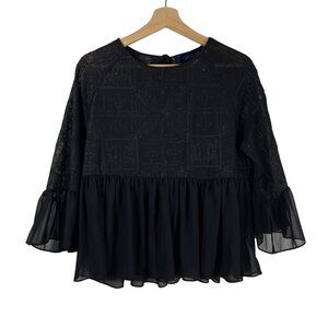 Blue Rain Women's Embroidered Peplum Ruffle Top Black Size S 3/4 Flutter Sleeve